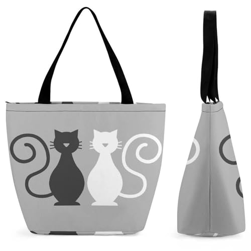 YBQLNP Schwarze Katze Weiß Damen Handtasche Shopper Umhängetasche Schultertasche Tragetasche Mit Reißverschluss 28.5x18x32.5cm von YBQLNP