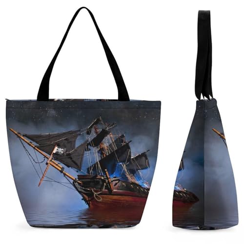 YBQLNP Schwarzes Piratenschiff Damen Handtasche Shopper Umhängetasche Schultertasche Tragetasche Mit Reißverschluss 28.5x18x32.5cm von YBQLNP