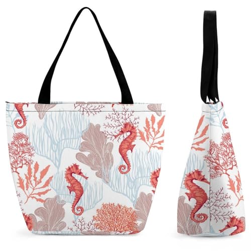 YBQLNP Seepferdchen Koralle Damen Handtasche Shopper Umhängetasche Schultertasche Tragetasche Mit Reißverschluss 28.5x18x32.5cm von YBQLNP