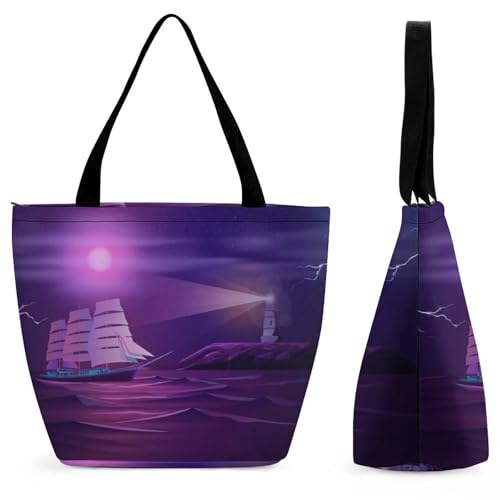YBQLNP Segelboot Lila Damen Handtasche Shopper Umhängetasche Schultertasche Tragetasche Mit Reißverschluss 28.5x18x32.5cm von YBQLNP