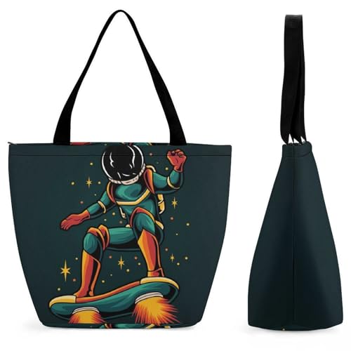 YBQLNP Skateboard Kosmonaut Damen Handtasche Shopper Umhängetasche Schultertasche Tragetasche Mit Reißverschluss 28.5x18x32.5cm von YBQLNP