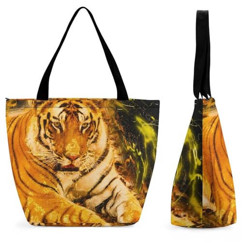 YBQLNP Tiger Damen Handtasche Shopper Umhängetasche Schultertasche Tragetasche Mit Reißverschluss 28.5x18x32.5cm von YBQLNP