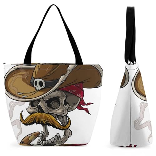 YBQLNP Totenkopf Mit Hut Damen Handtasche Shopper Umhängetasche Schultertasche Tragetasche Mit Reißverschluss 28.5x18x32.5cm von YBQLNP