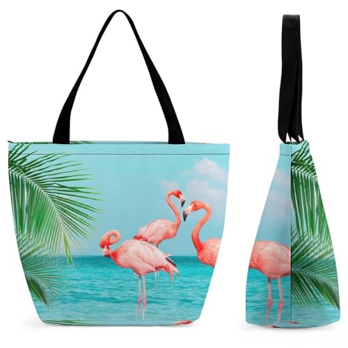 YBQLNP Tropischer Flamingo Damen Handtasche Shopper Umhängetasche Schultertasche Tragetasche Mit Reißverschluss 28.5x18x32.5cm von YBQLNP