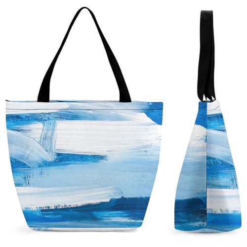YBQLNP Weiß Und Blau Damen Handtasche Shopper Umhängetasche Schultertasche Tragetasche Mit Reißverschluss 28.5x18x32.5cm von YBQLNP