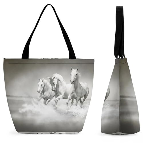 YBQLNP Weiße Pferde Damen Handtasche Shopper Umhängetasche Schultertasche Tragetasche Mit Reißverschluss 28.5x18x32.5cm von YBQLNP