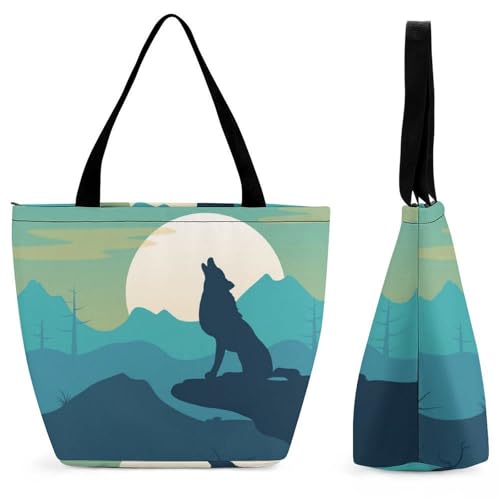 YBQLNP Wolf Mond Damen Handtasche Shopper Umhängetasche Schultertasche Tragetasche Mit Reißverschluss 28.5x18x32.5cm von YBQLNP