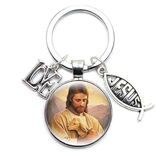 Christlicher Jesus Schlüsselanhänger Religion Gott Liebe Jesus Fisch Anhänger Kreuz Cartoon Glas Cabochon Schlüsselanhänger Christentum Glaube Geschenke, silber, 1X von YBRAG