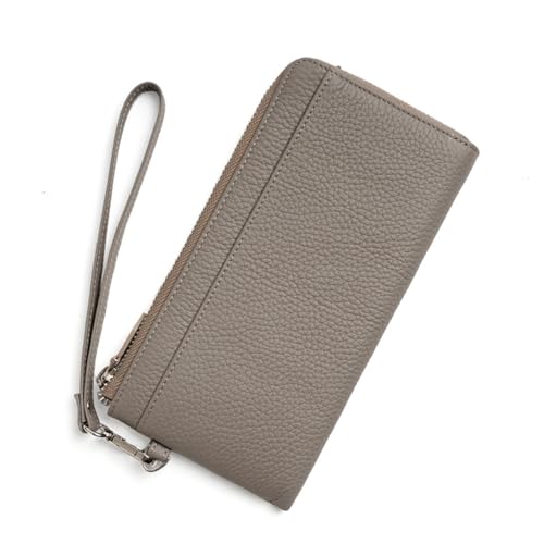 YBRAVO Damen-Geldbörse aus Leder, RFID-blockierend, echtes Leder, mit umlaufendem Reißverschluss, Clutch, Handgelenktasche, Lange Reise-Geldbörse für Damen (Color : Gray) von YBRAVO