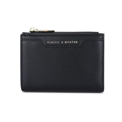 YBRAVO Damen-Geldbörsen, kleine Bifold-PU-Leder-Taschen-Geldbörse, Damen-Mini-Kurzgeldbörse, Kartenhalter, kleine Geldbörse mit Reißverschluss und 1 Ausweisfenster (Color : Black) von YBRAVO