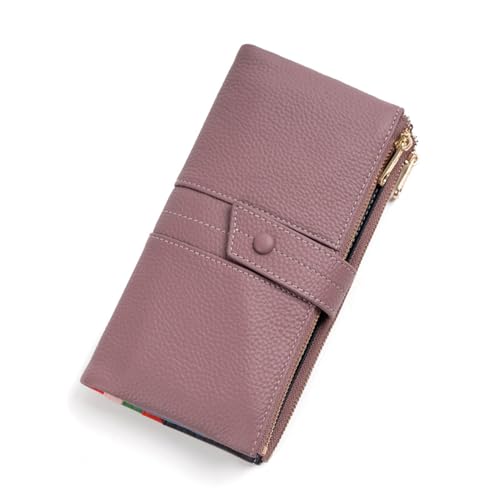 YBRAVO Lange Damen-Geldbörse aus Leder mit RFID-Blockierung, Handy-Clutch mit doppeltem Reißverschluss, Schnappverschluss, gekrispeltes Damen-Kartenetui, Lange Geldbörse (Color : Purple) von YBRAVO