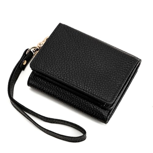 YBRAVO Vegane Mini-Geldbörse für Damen, RFID-blockierendes Kartenetui aus Leder, schlanke dreifach Faltbare Geldbörse mit Schlüsselanhänger (Color : Black) von YBRAVO