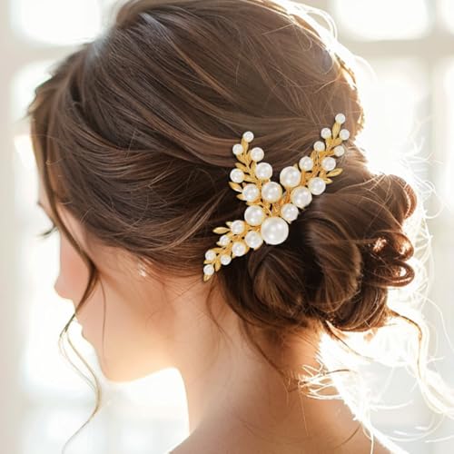 YBSHIN Braut-Hochzeits-Haarkamm, goldfarbene Perlen, Kopfschmuck, Blatt-Haarteile, Braut-Seitenkämme, Haarschmuck für Damen und Mädchen YBSHIN Braut-Hochzeits-Haarkamm, goldfarbene Perlen, Kopfschmuck, Blatt-Haarteile, Braut-Seitenkämme, Haarschmuck für Damen und Mädchen von YBSHIN