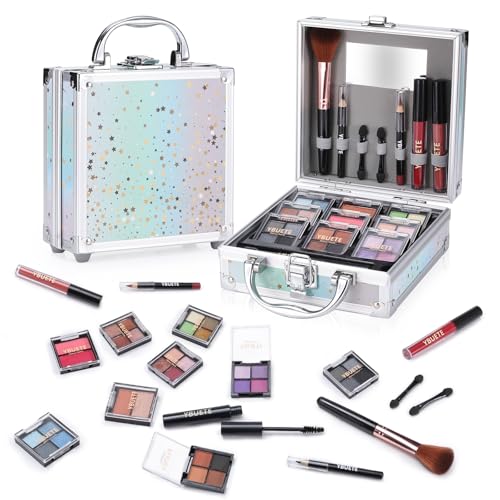 YBUETE Beginner Makeup Kit for Teen Girl Women, Cosmetic Present for Her, Makeup Set with Cosmetic Train Case Included Eyeshadow Blush Lip Gloss Lip Liner Mascara Eyeliner Mirror (Green) von YBUETE