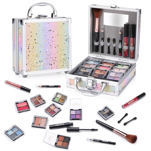 YBUETE Beginner Makeup Kit for Teen Girl Women, Cosmetic Present for Her, Makeup Set with Cosmetic Train Case Included Eyeshadow Blush Lip Gloss Lip Liner Mascara Eyeliner Mirror (Pink) von YBUETE