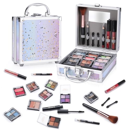 YBUETE Beginner Makeup Kit for Teen Girl Women, Cosmetic Present for Her, Makeup Set with Cosmetic Train Case Included Eyeshadow Blush Lip Gloss Lip Liner Mascara Eyeliner Mirror (Purple) von YBUETE