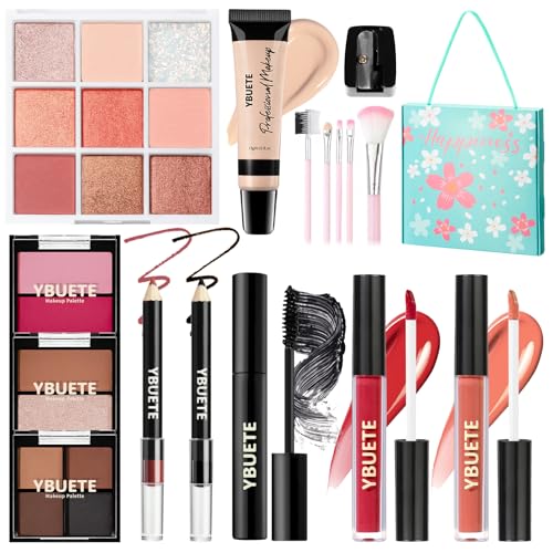 YBUETE Make-up-Set für Teenager, Mädchen, Frauen - Tragbares Reise-Kosmetik-Set für Anfänger und Profis mit Foundation-Lidschatten-Palette, Lippenstift, Eyeliner, Mascara von YBUETE