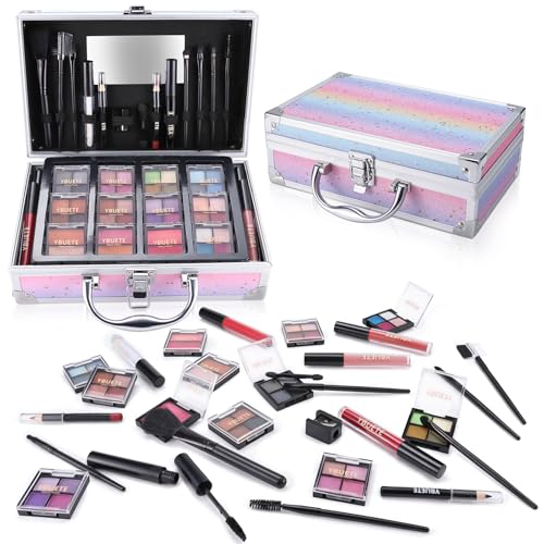 YBUETE Makeup Kit with Train Case for Teen Girl Women, Full Starter Cosmetic Set, Beginner Makeup Present, Reusable Full Cosmetic Train Case for Girl, Included Eyeshadow Blush Contour Eyebrow (Pink) von YBUETE