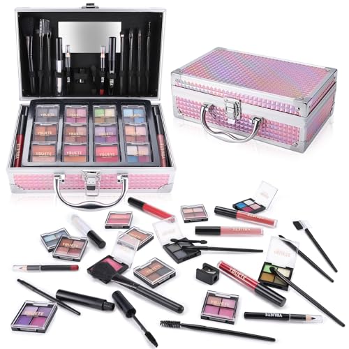 YBUETE Makeup Kit with Train Case for Teen Girl Women, Full Starter Cosmetic Set, Beginner Makeup Present, Reusable Full Cosmetic Train Case for Girl, Included Eyeshadow Blush Contour Eyebrow (Purple) von YBUETE
