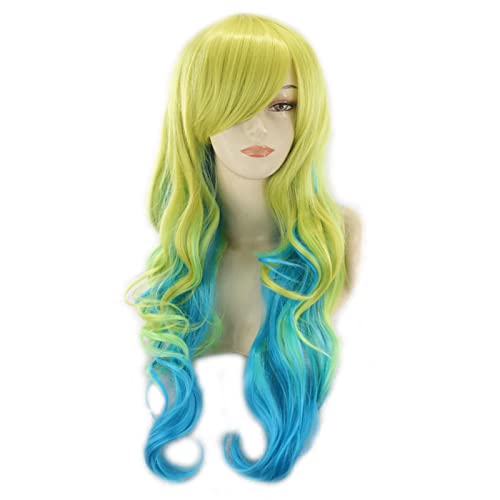 YBY Cosplay-Perücke mit grünem und blauem Farbverlauf, langes lockiges Haar, hitzebeständige Kunstfaser, verstellbare Perückenkappe, geeignet für Weihnachten, Halloween, Party von YBY
