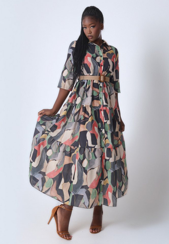 YC Fashion & Style Maxikleid Leinenkleid mit Bindegürtel & Stufenrock mit Alloverdruck von YC Fashion & Style