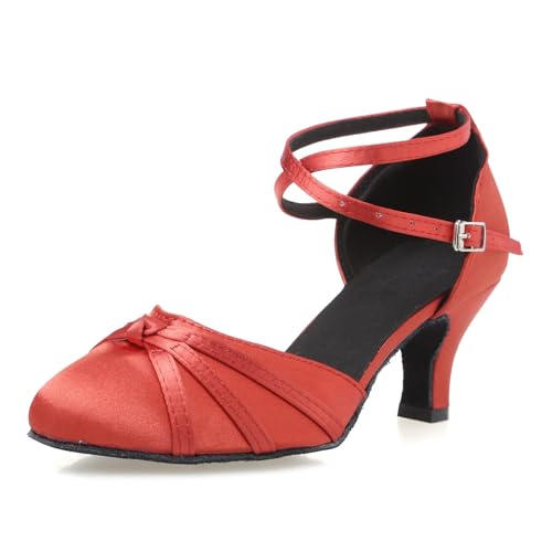 YCALCP Damen Ballroom Latein Tanzschuhe Salsa Tango Geschlossene Satin Standard & Latein Tanzschuhe Wildledersohle,QRX-2003-Rot-6,EU 36.5 von YCALCP