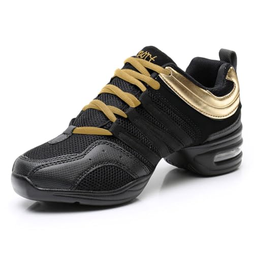 YCALCP Damen Jazz-Schuhe Sneaker Mesh Stoff Schnürschuhe atmungsaktiv Trainer Walking Sport Turnschuhe,729-Schwarz Gold-41 EU von YCALCP