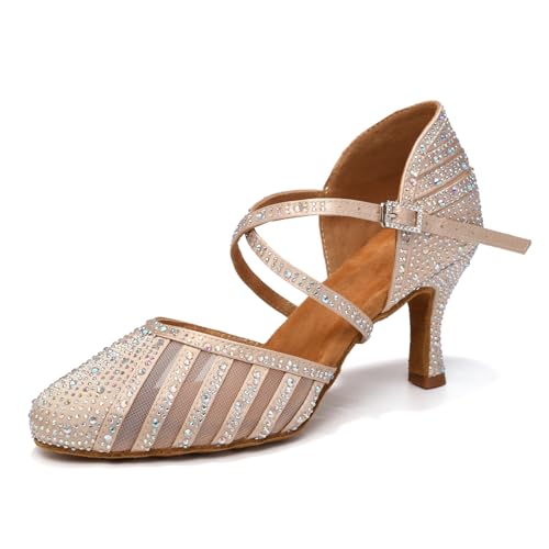 YCALCP Damen Latein Tanzschuhe Strass Geschlossene Zehe Glitzer Salsa Tango Walzer Gesellschaftstanzschuhe für Damen Tanzschuhe, Nackt, 40 EU von YCALCP