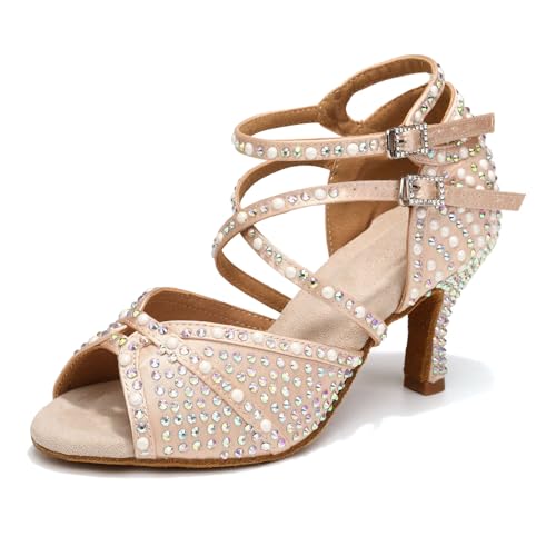 YCALCP Damen Latein Tanzschuhe Strass Nude Offene Zehen Professionell Salsa Tango Bachata Party Hochzeit Ballsaal Tanz Schuhe, 37 EU von YCALCP