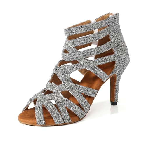 YCALCP Damen Latein Tanzstiefel Ballrooom Salsa Tango Offene Zehe Tanzstiefel Performance Professionelle Tanzschuhe Damen, Graue 39 EU von YCALCP