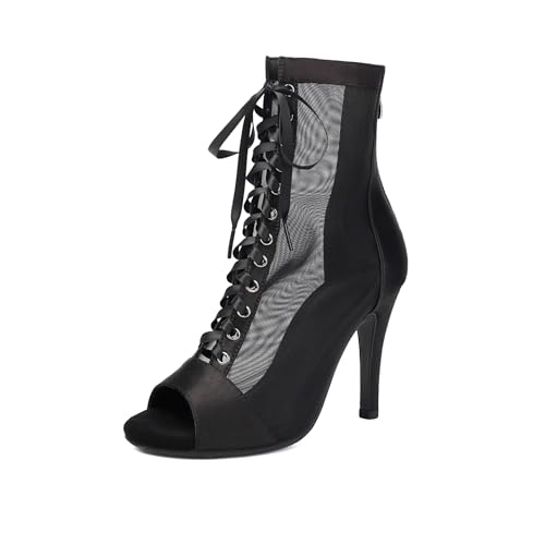 YCALCP Damen Lateinische Tanzstiefel Schnüren mit Netz Peep Toe Tanzstiefel Salsa Bachata Tango Ballsaal Latin Dance Boots,DS-816-Schwarz,9.5 cm Absatz,Gummi,EU 39 von YCALCP