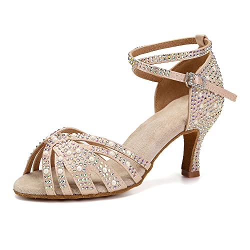 YCALCP Damen Latin Tanzschuhe Bachata mit Strasssteinen Aufführungen Salsa Tango Ballsaal,506-Beige-7.5CM,38 EU von YCALCP