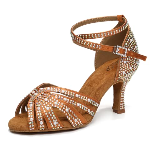 YCALCP Damen Latin Tanzschuhe Bachata mit Strasssteinen Aufführungen Salsa Tango Ballsaal,506-Braun-7.5CM,37 EU von YCALCP
