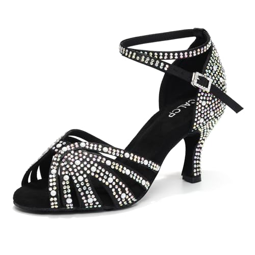 YCALCP Damen Latin Tanzschuhe Bachata mit Strasssteinen Aufführungen Salsa Tango Ballsaal,506-Schwarz-7.5CM,38 EU von YCALCP