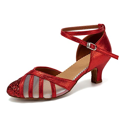 YCALCP Damen Latin Tanzschuhe Glitzer Salsa Tango Soziale Ballsaal Hochzeit Party Tanzschuhe,105-Rot-5.5CM,39 EU von YCALCP