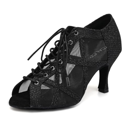 YCALCP Damen Latin Tanzschuhe offene zehen Sandalen Salsa Tango Training Soziale Ballsaal tanzstiefel,X526-Schwarz-7.5CM,39 EU von YCALCP