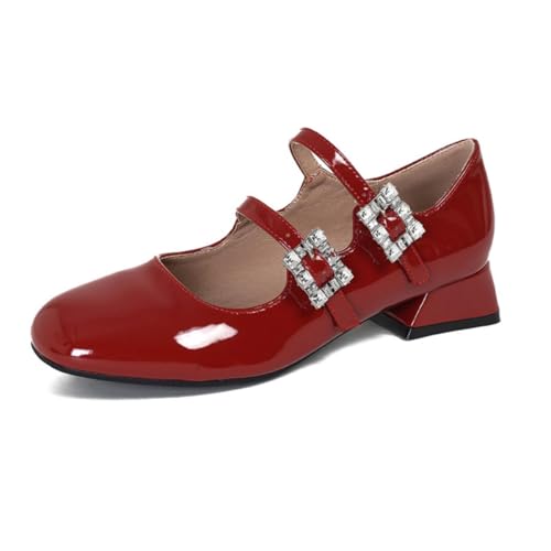 YCALCP Damen Mary Janes Schuhe Lackschuhe mit Schnalle Square-Toe Elegant Blockabsatz Chunky Heels,HDYXD-AK-9-Rot,3cm Absatz, EU 38.5 von YCALCP