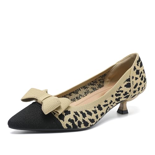 YCALCP Damen-Pumps mit Kätzchen-Absätzen aus Strick Damen Slip on Low Kitten Heels Elegant Kleid Schuhe Atmungsaktiv Mesh,XTZ-1506-2-Leopard Print,4cm Absatz, EU 41 von YCALCP