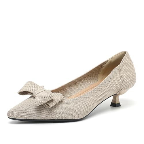 YCALCP Damen-Pumps mit Kätzchen-Absätzen aus Strick Damen Slip on Low Kitten Heels Elegant Kleid Schuhe Atmungsaktiv Mesh,XTZ-1506-2-Nude,4cm Absatz, EU 39 von YCALCP
