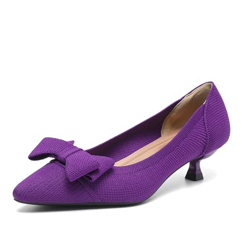 YCALCP Damen-Pumps mit Kätzchen-Absätzen aus Strick Damen Slip on Low Kitten Heels Elegant Kleid Schuhe Atmungsaktiv Mesh,XTZ-1506-2-Purple,4cm Absatz, EU 41 von YCALCP