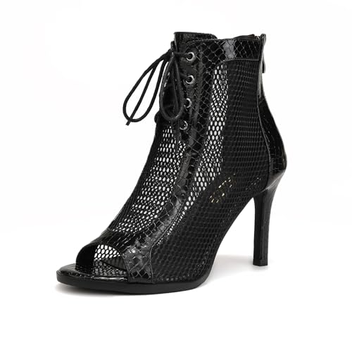 YCALCP Damen Standard Latein Tanzschuhe Mesh Peep Toe Ballsaal Salsa Tanz Stiefeletten Absätze Tanzschuhe,DS-970-PU-Schwarz-9-S,EU 38.5 von YCALCP