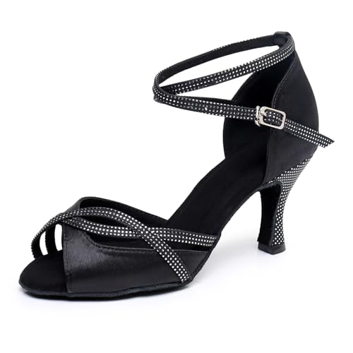 YCALCP Damen Strass Latein Tanzschuhe Satin Offene Zehe 3 Zoll Absatz Ballroom Salsa Jazz Performance Tanz Praxis Schuhe Wildleder Sohle, Modell QRXLD2228, 41 EU von YCALCP