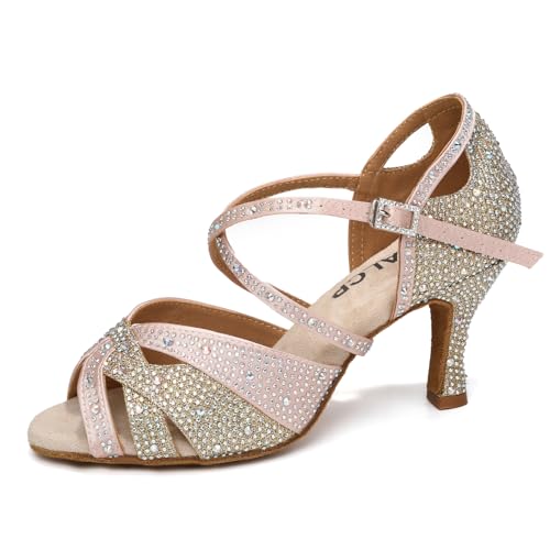 YCALCP Damen Tanzen Schuhe Tanzschuhe Latein Salsa Glitzer Ballsaal Satin Strass Tanz Glitzer Offen Professionell Salsa Tango Bachata,YCL388-Rosa-7.5,EU 37 von YCALCP