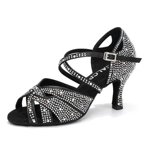 YCALCP Damen Tanzen Schuhe Tanzschuhe Latein Salsa Glitzer Ballsaal Satin Strass Tanz Glitzer Offen Professionell Salsa Tango Bachata,YCL388-Schwarz-7.5,EU 36 von YCALCP