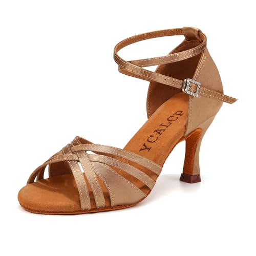YCALCP Damen Tanzschuhe Latein Satin Ballsaal Party Salsa Tanzschuhe Performance Schuhe, L3049-Hellbraun-7.5cm, EU 38 von YCALCP