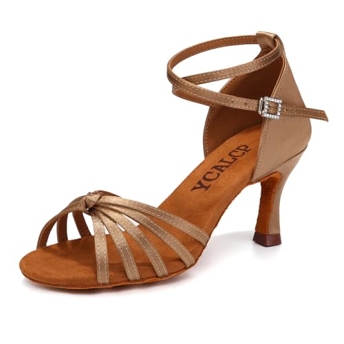YCALCP Latein Tanzschuhe Damen Satin Prom Salsa Standard Profi Anfänger Tanzübung 7cm,EM217-Beige-7cm,38.5 EU von YCALCP