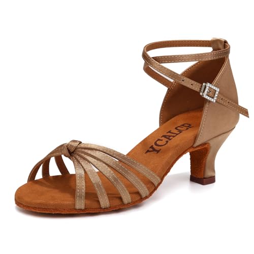 YCALCP Latein Tanzschuhe Damen Satin Prom Salsa Standard Profi Praxis 5cm,EM217-Beige-5cm,38.5 EU von YCALCP