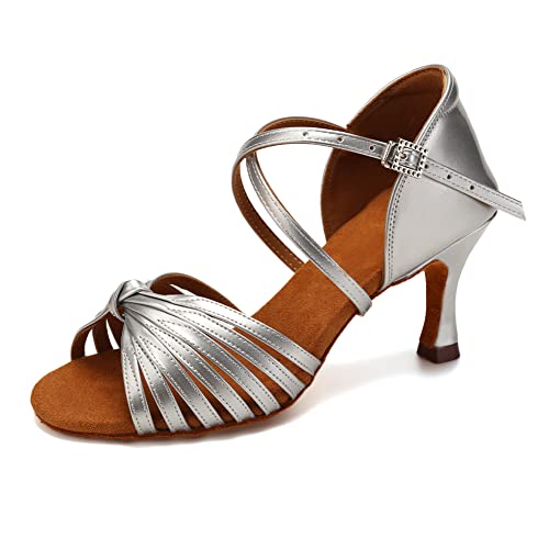 YCALCP Latein Tanzschuhe Damen Silber Salsa Tango Walzer Ballsaal Professionelle Tanzschuhe 7,5 cm Absatz, 40 EU von YCALCP