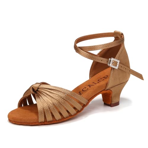 YCALCP Latein Tanzschuhe für Mädchen Beige Ballsaal Salsa Tango Bachata Performance Tanzschuhe mit Niedriger Absatz, 35 EU von YCALCP