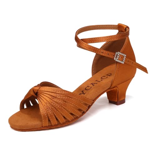 YCALCP Latein Tanzschuhe für Mädchen Dunkelbraun Ballsaal Salsa Tango Bachata Performance Tanzschuhe mit Niedriger Absatz, 38 EU von YCALCP